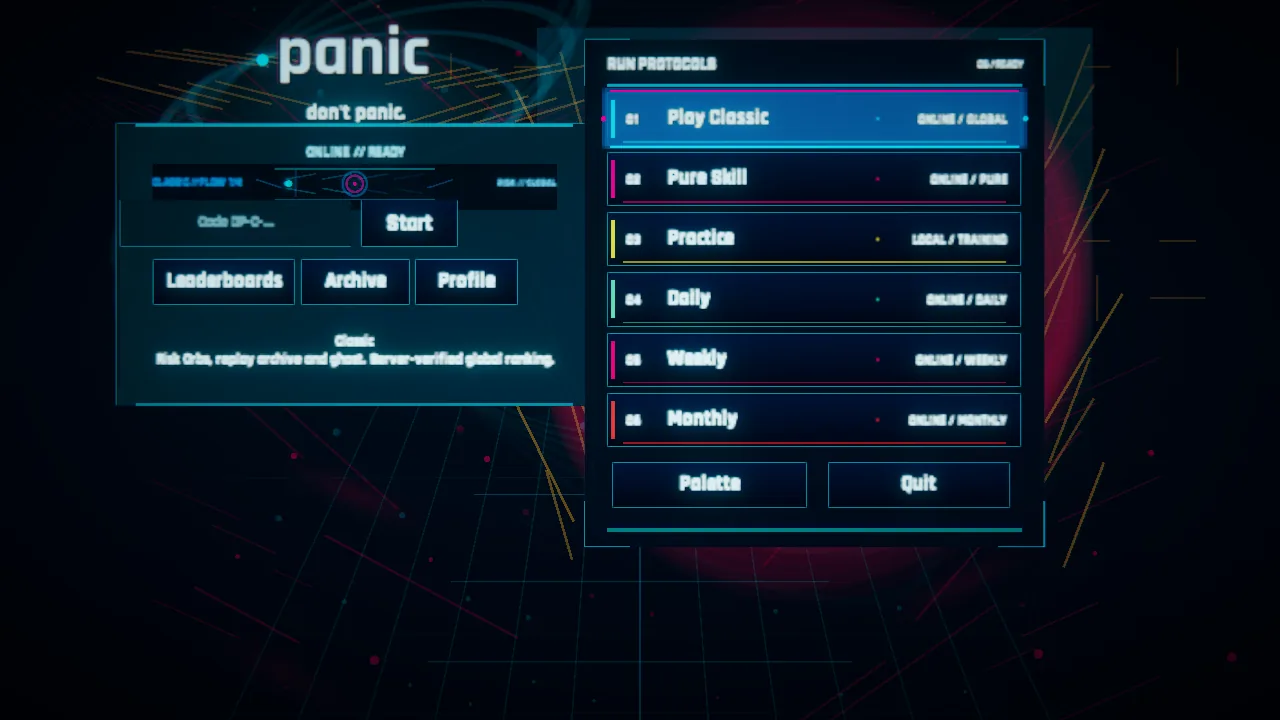 .panic RC19 main menu with six run protocols and a single focused selection