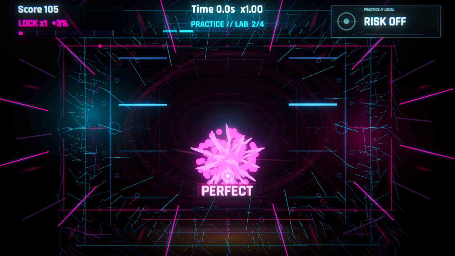 .panic Practice Lab after a Perfect hit, with the score and Precision Lock visible