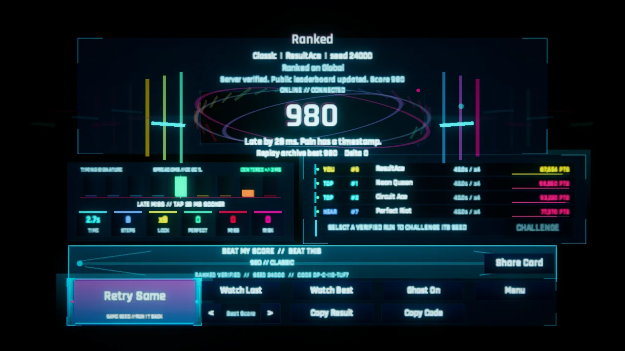 .panic ranked result screen with a verified score, leaderboard and challenge code