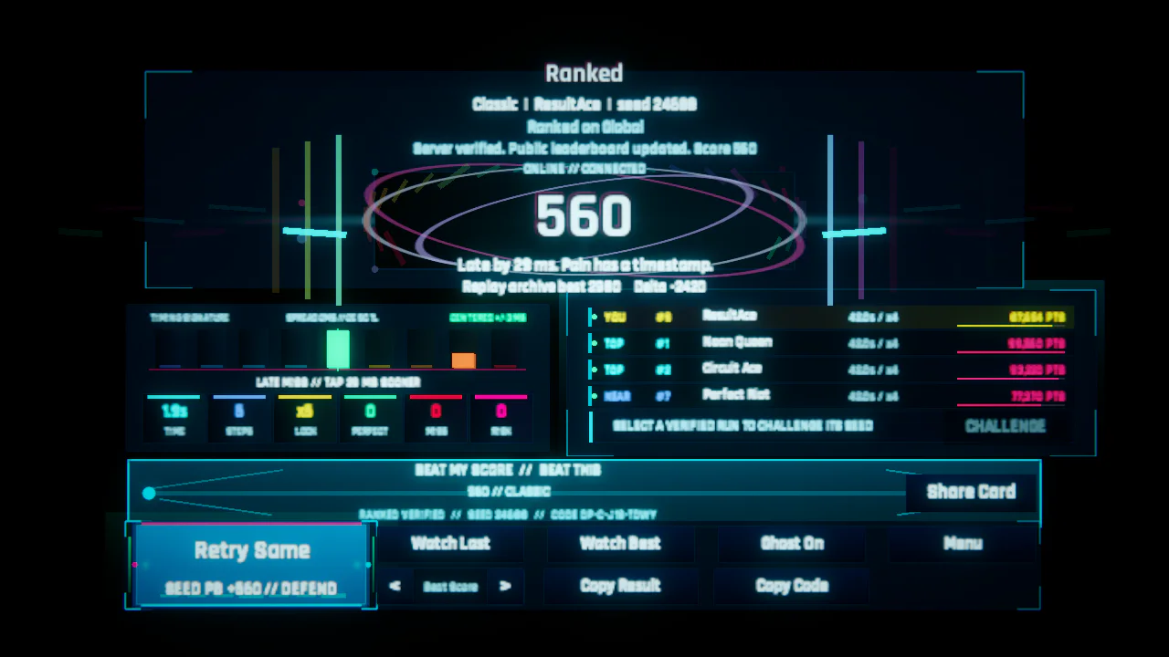 .panic RC17 ranked result with score, rival runback pressure and replay actions