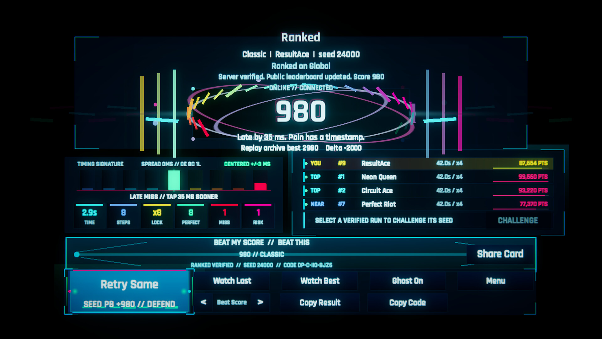 .panic ranked result showing a verified global score, timing signature, nearby rivals and rematch controls