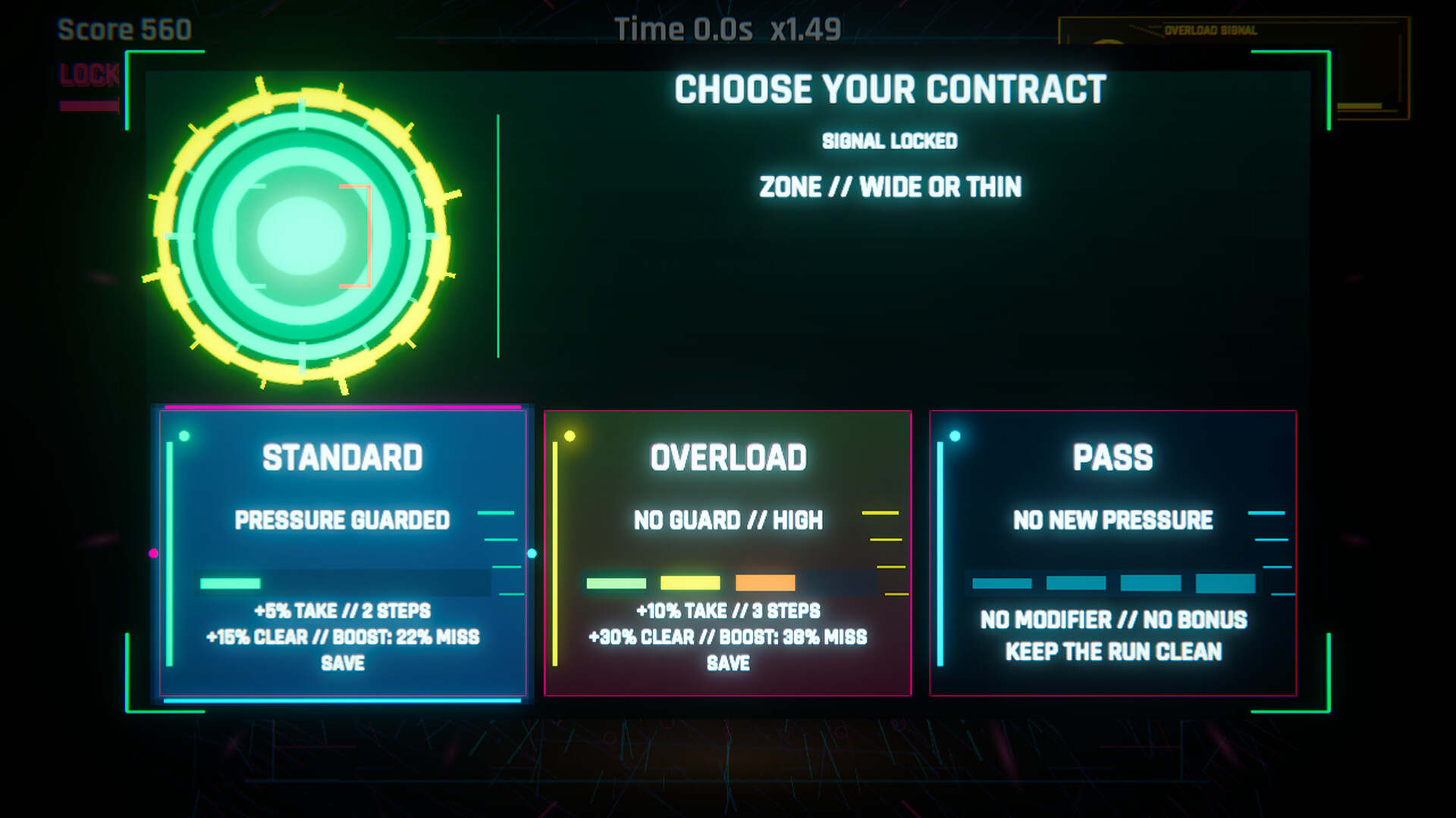 .panic Risk contract screen with Standard, Overload and Pass choices