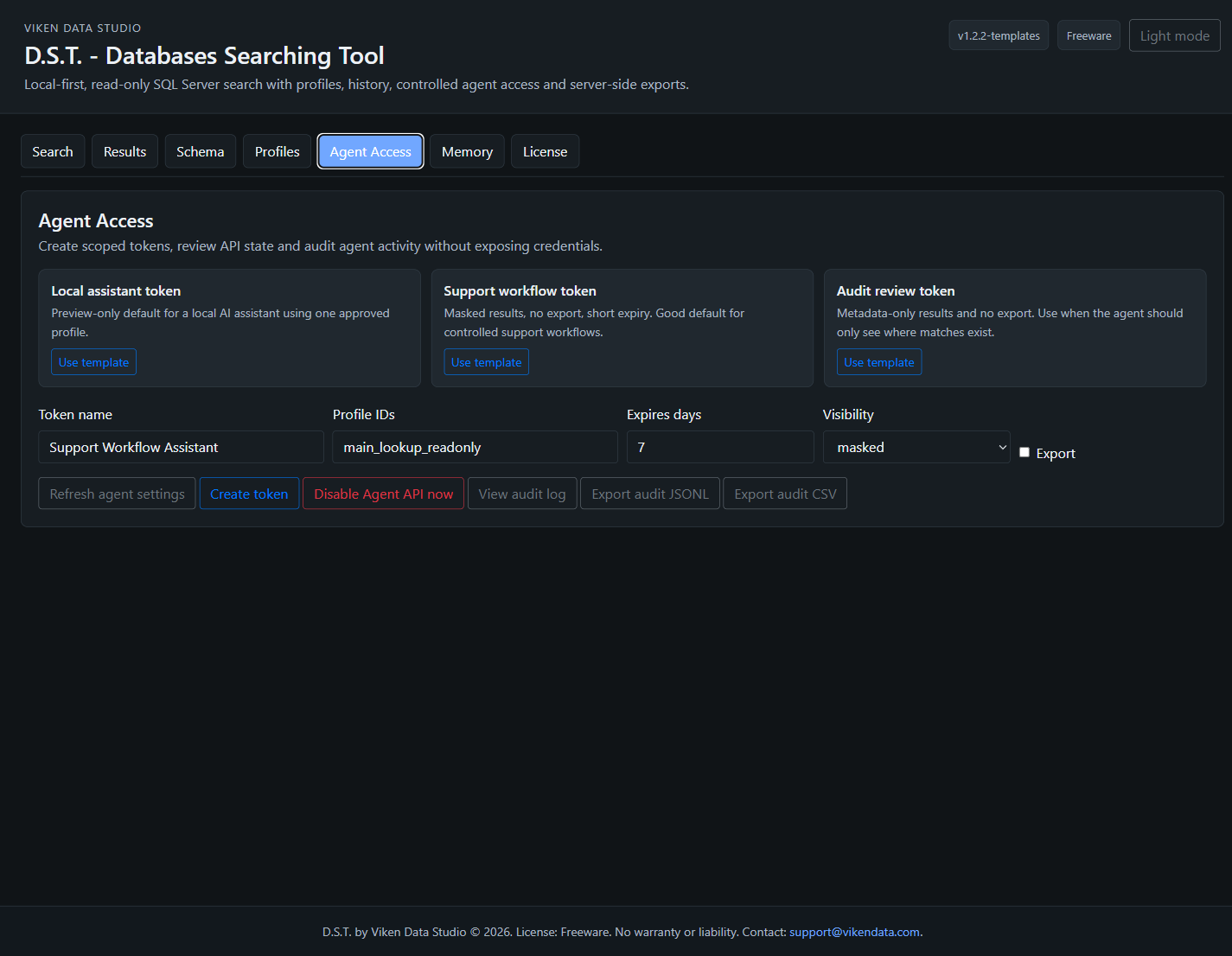 D.S.T. agent access and search memory controls in dark-mode presentation, including token creation controls, audit export actions, search memory filters, saved searches table, and results table headers