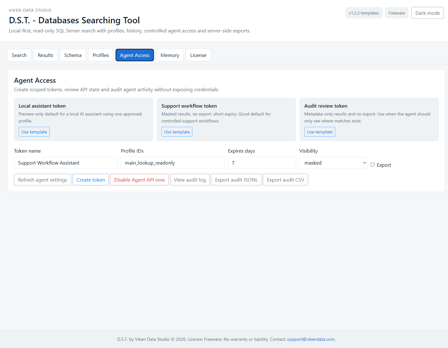 D.S.T. agent access panel, token creation controls, audit export actions, search memory filters, saved searches table, and results table headers