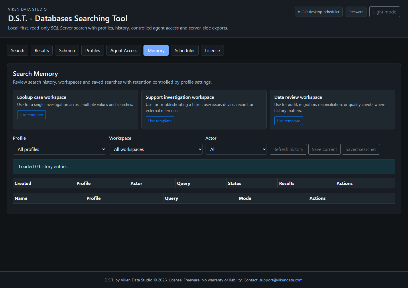 D.S.T. dark-mode Search Memory screen with history filters and saved searches