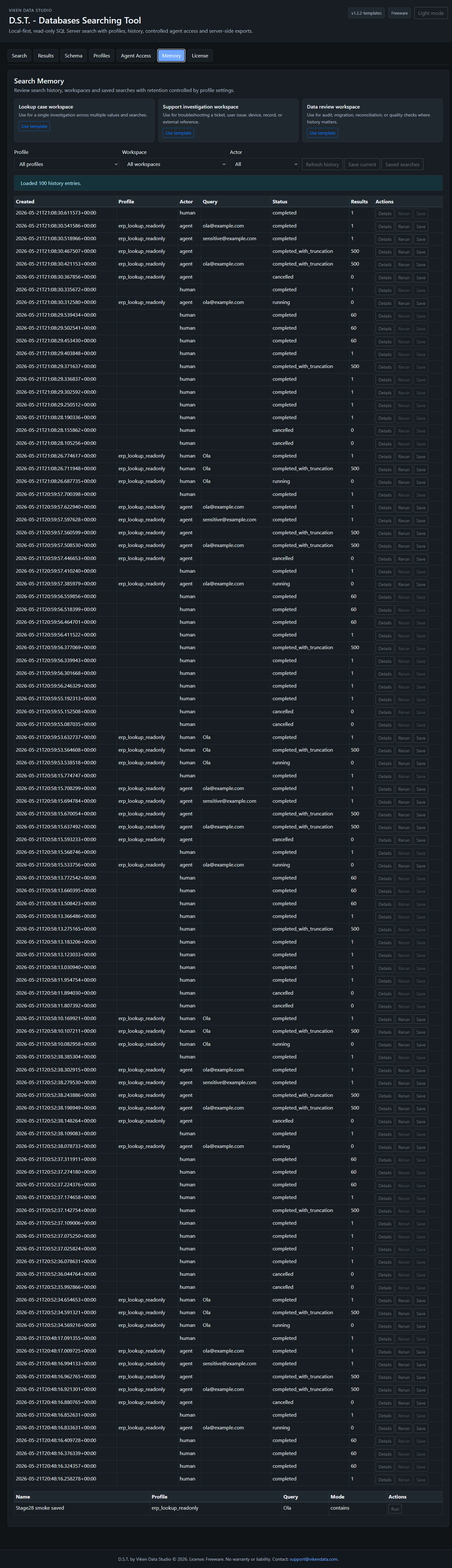 Full D.S.T. workspace in dark mode showing the stacked local interface sections and tabbed search workflow