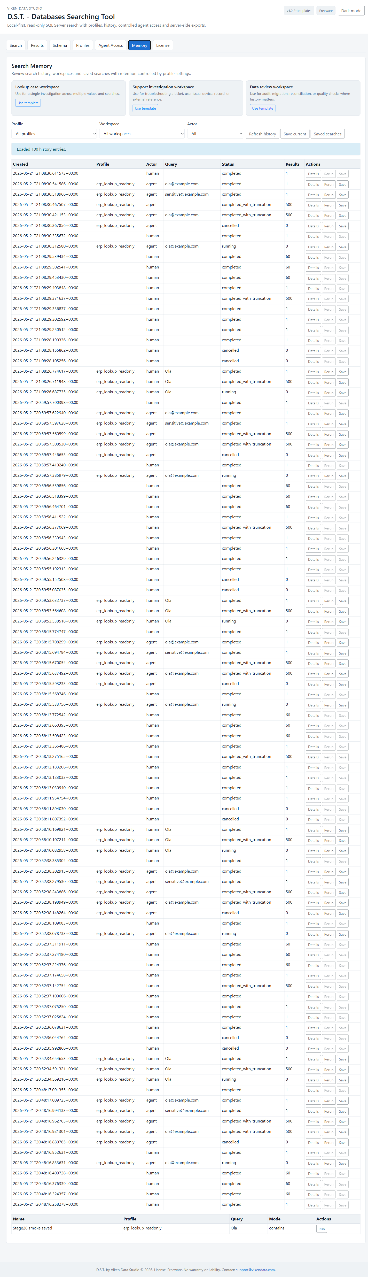 Full D.S.T. workspace in light mode showing the stacked local interface sections and tabbed search workflow