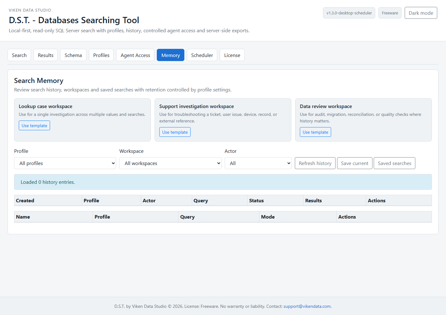 D.S.T. light-mode Search Memory screen with history filters and saved searches