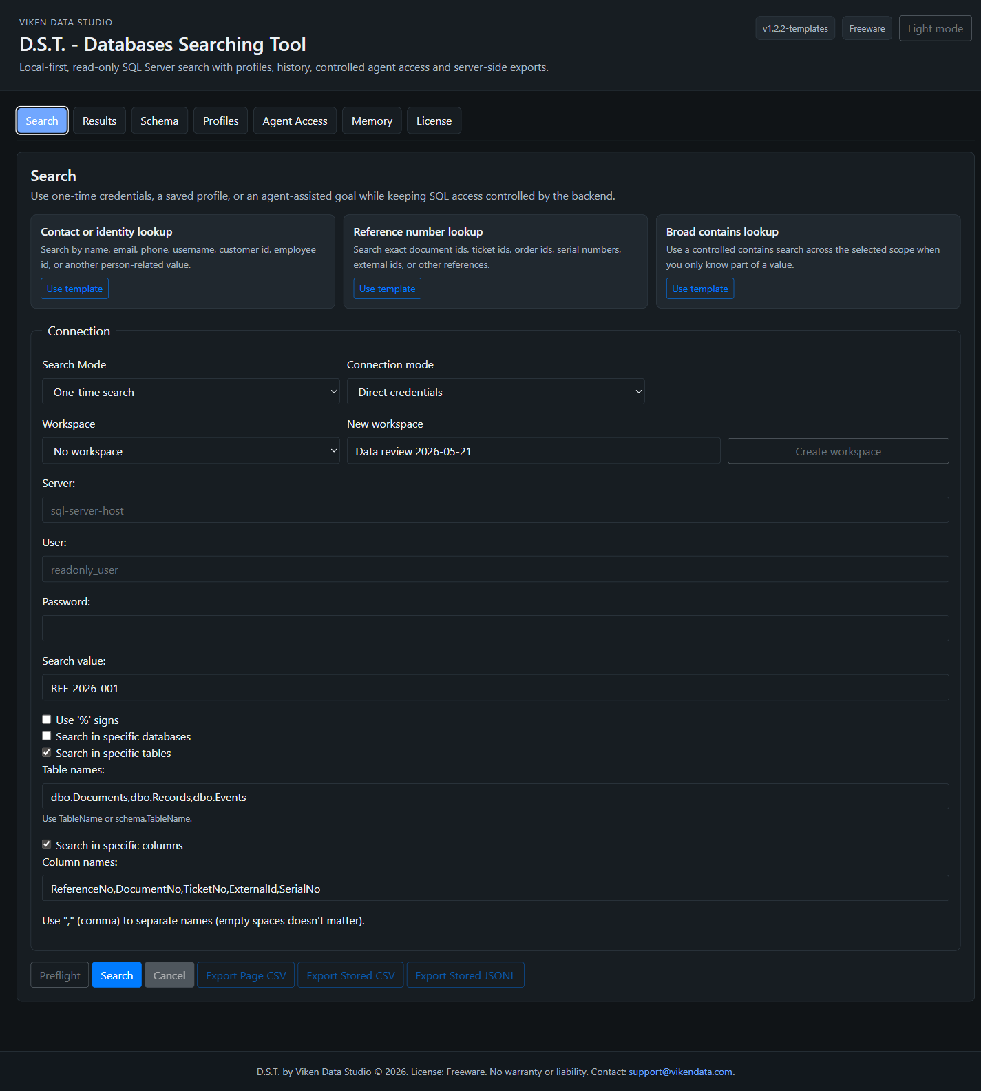 D.S.T. main search interface in dark-mode presentation showing generic search templates, search mode, connection mode, workspace selector, scope filters, and export buttons