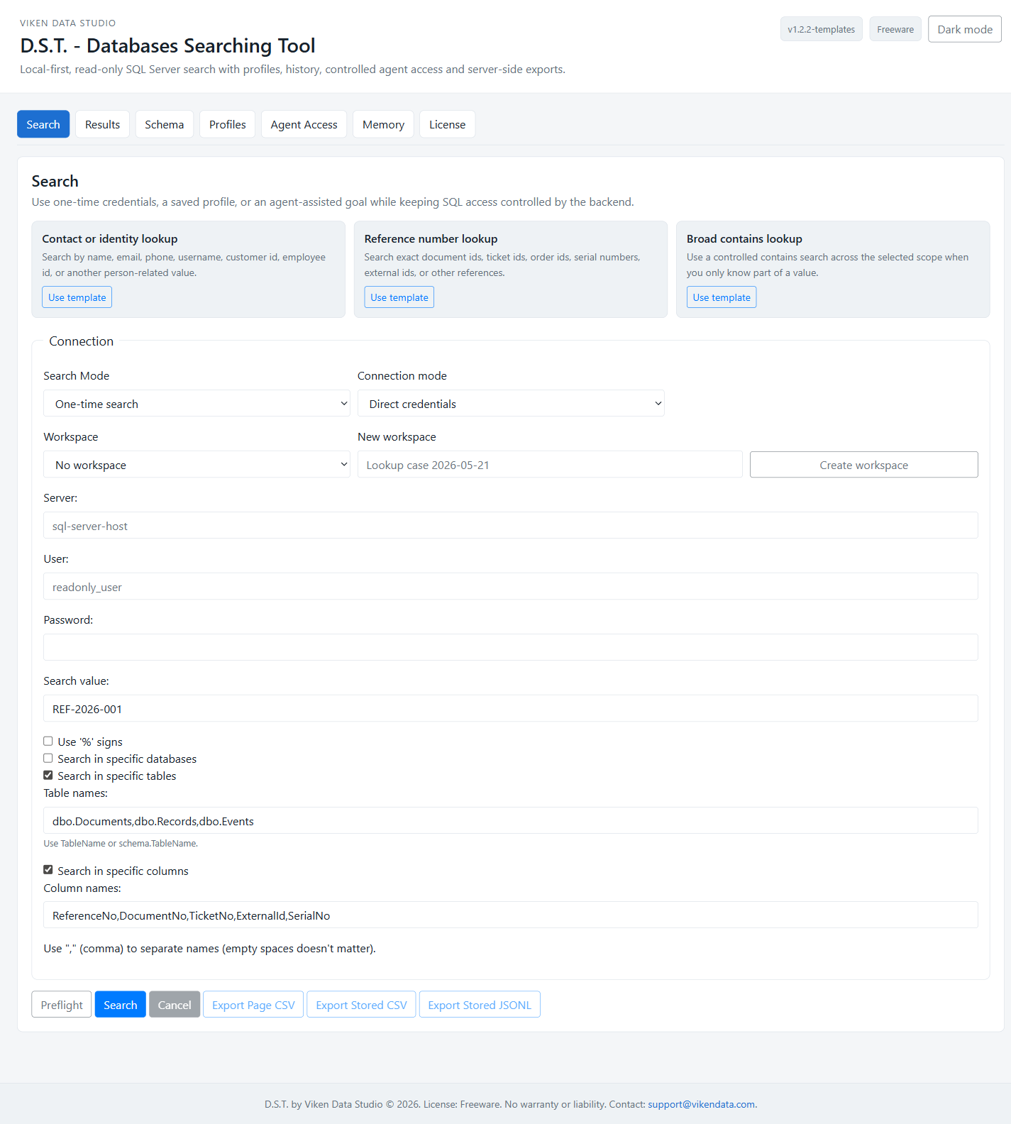 D.S.T. main search interface showing generic search templates, search mode, connection mode, workspace selector, scope filters, and export buttons