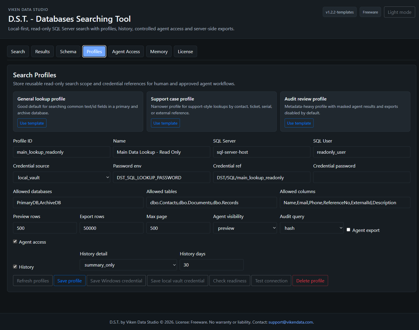 D.S.T. schema explorer and search profile editor in dark-mode presentation, including profile limits, agent visibility, audit query mode, history detail, and credential actions