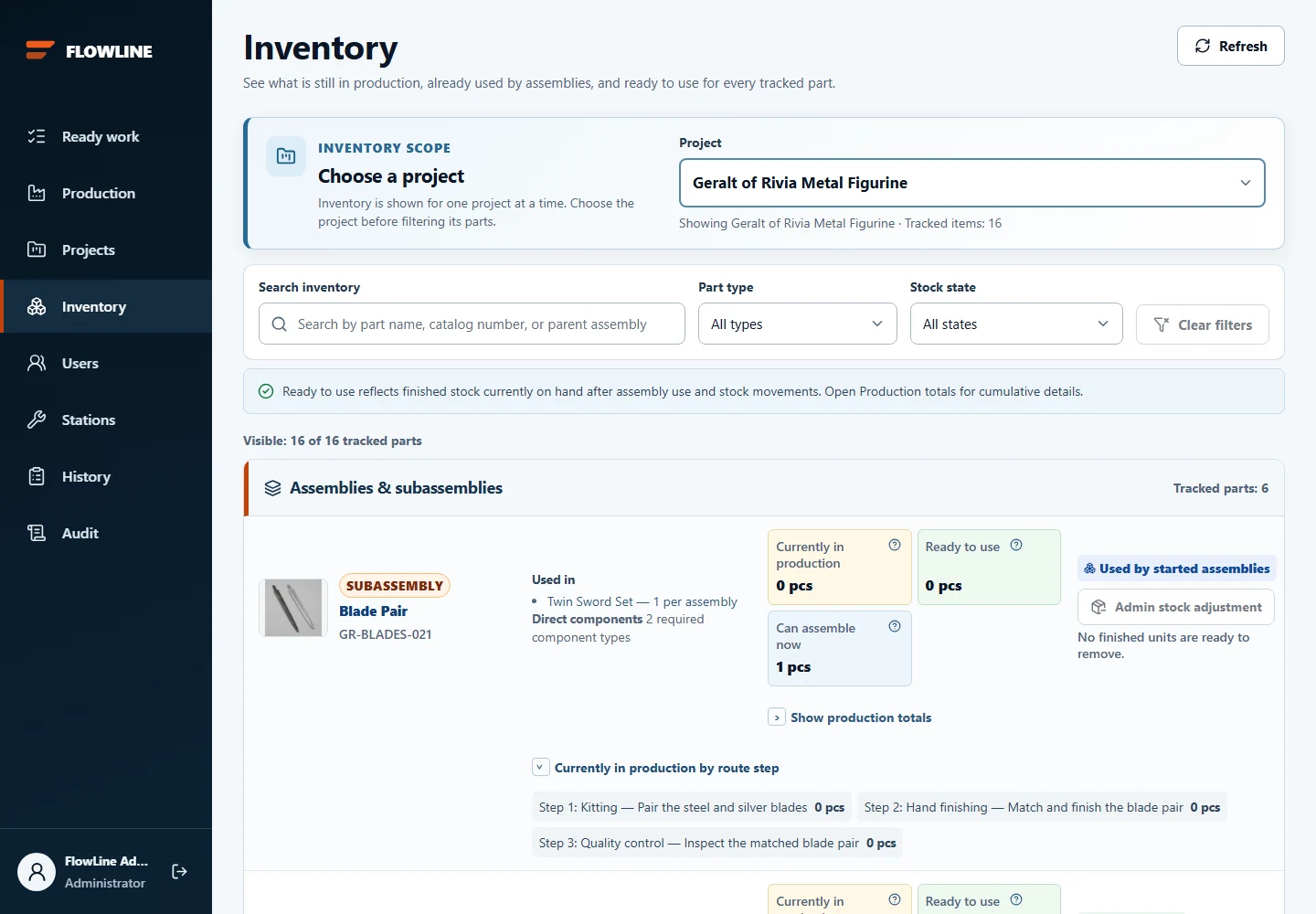 FlowLine Inventory screen showing current WIP, ready-to-use stock and assembly allocation status
