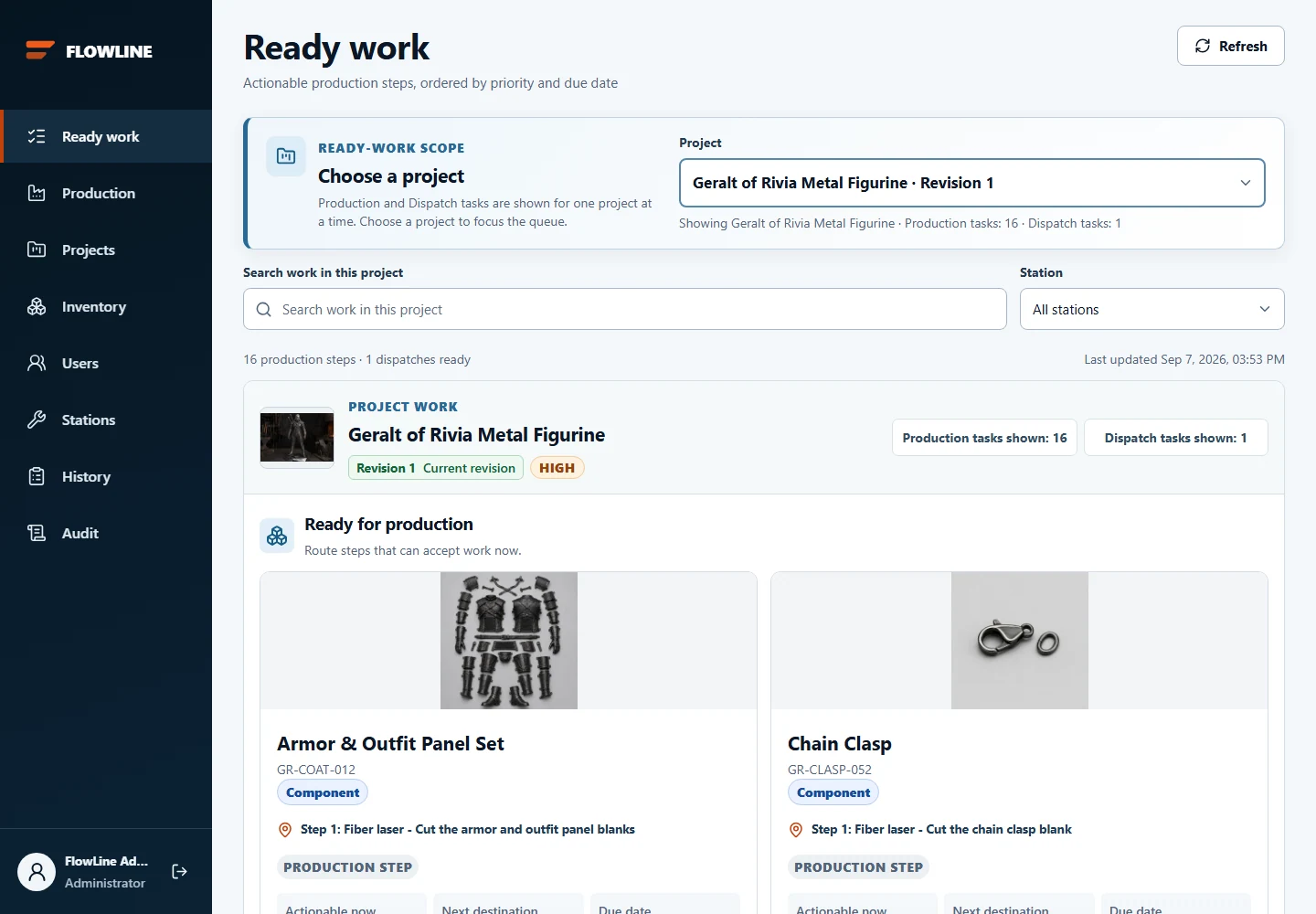 FlowLine Ready Work screen showing eligible production and dispatch tasks