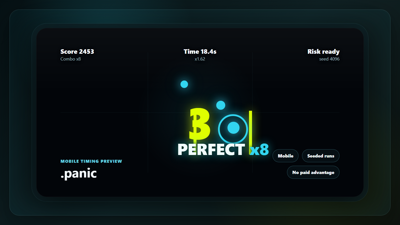 .panic centered visual preview with score, timing target, countdown, perfect grade and mobile challenge tags