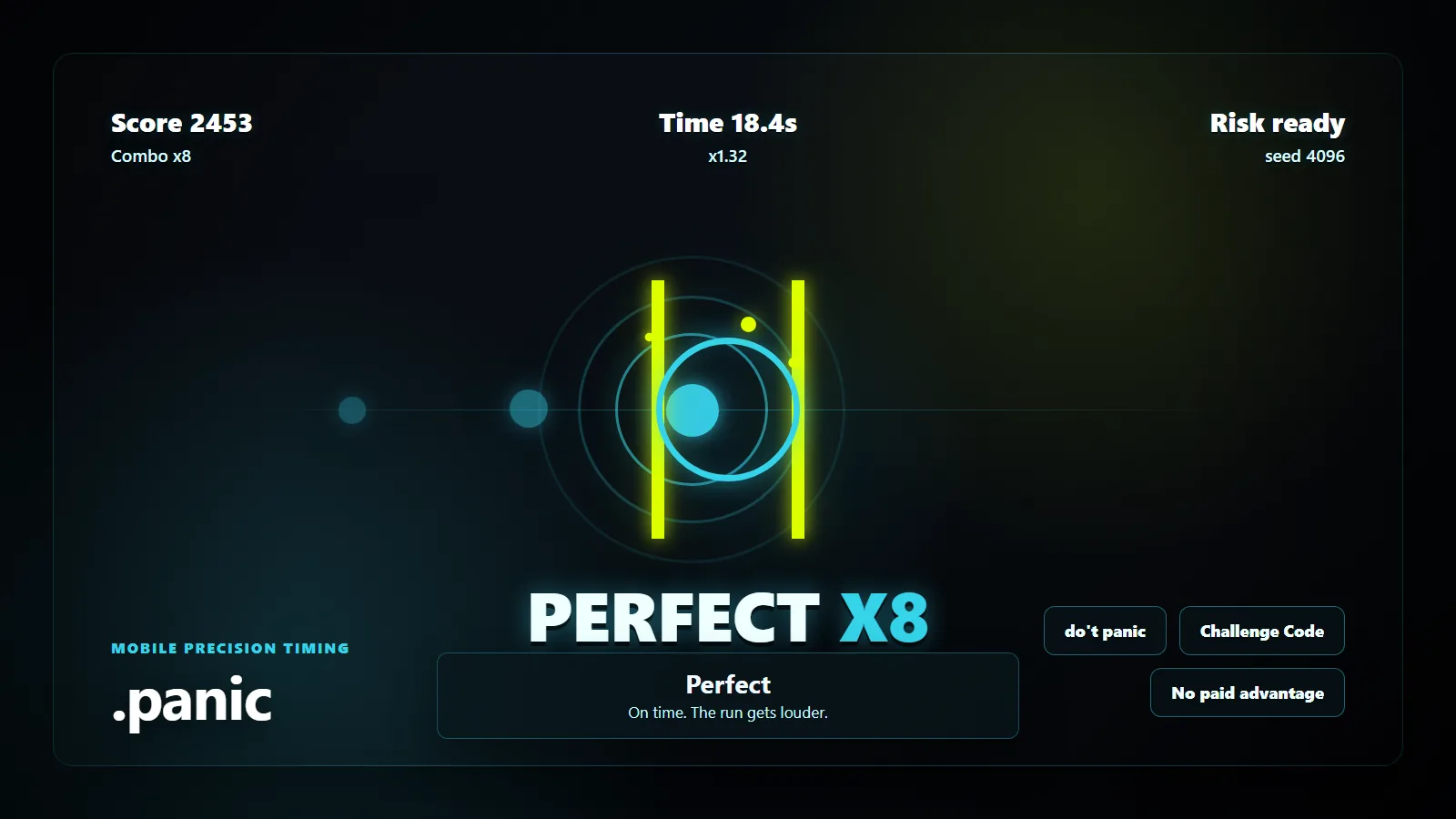 .panic gameplay preview with score, timer, target bars and perfect grade