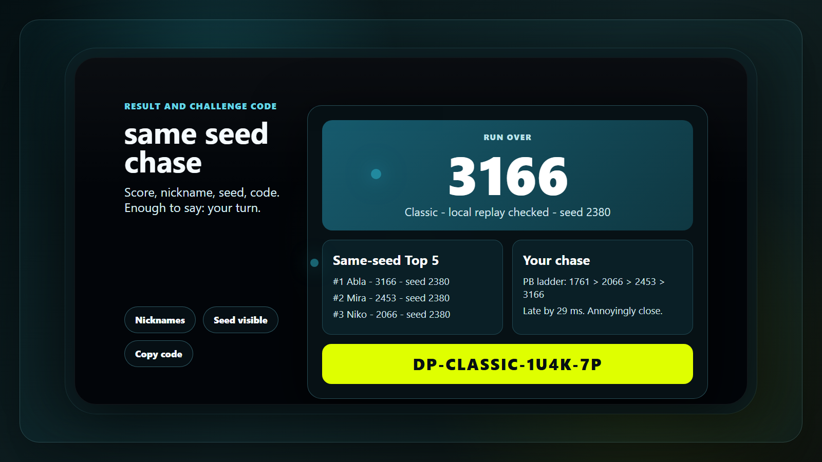 .panic visual preview showing result score, player nicknames, seed, same-seed Top 5 and Challenge Code