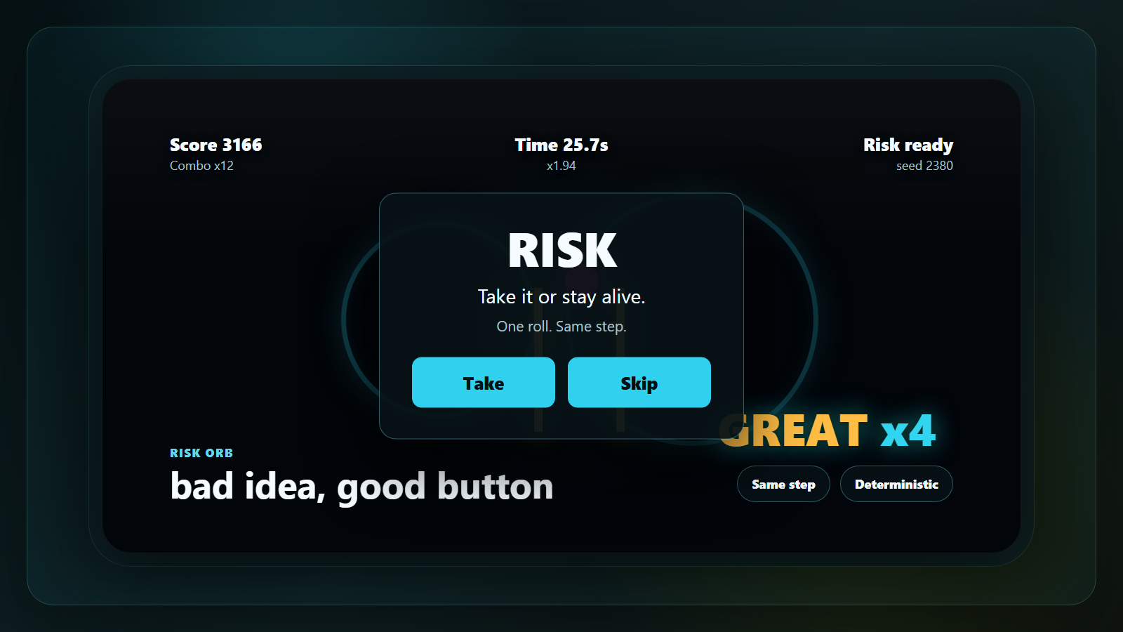 .panic visual preview showing the Risk Orb choice panel during a seeded timing run