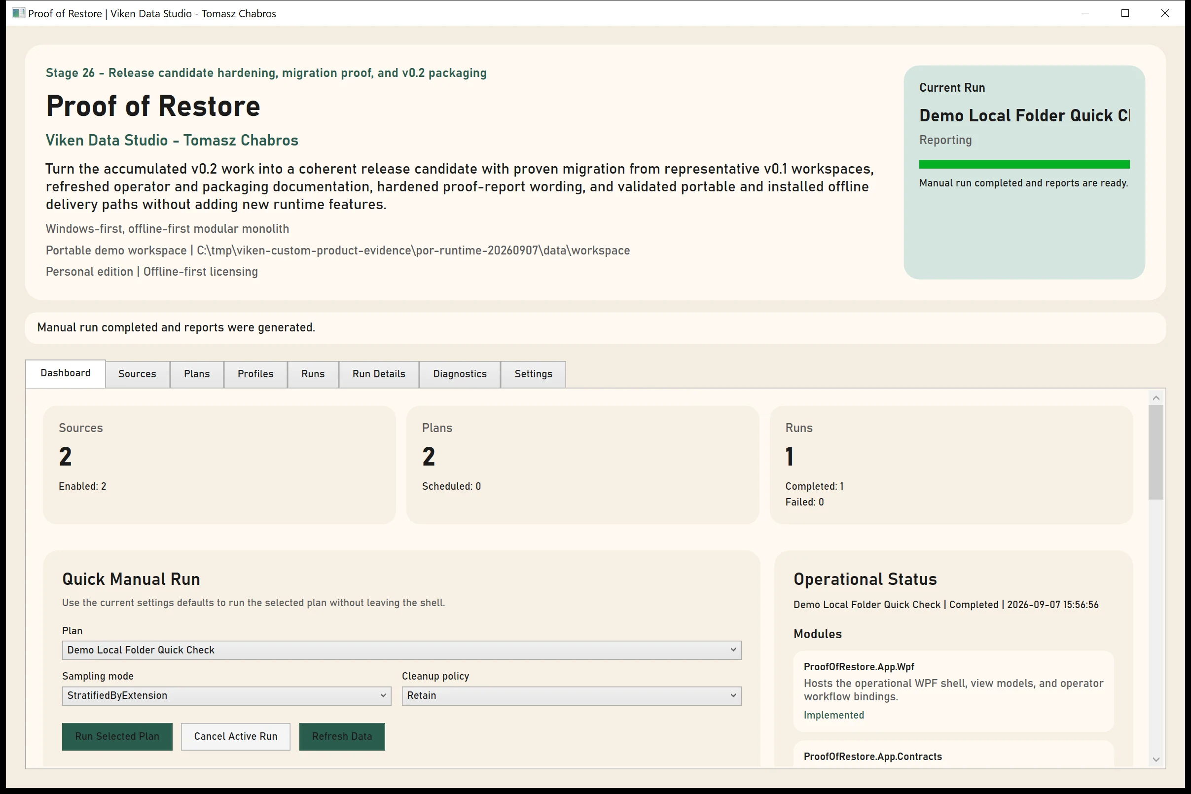Proof of Restore dashboard with local workspace status and restore-readiness summary