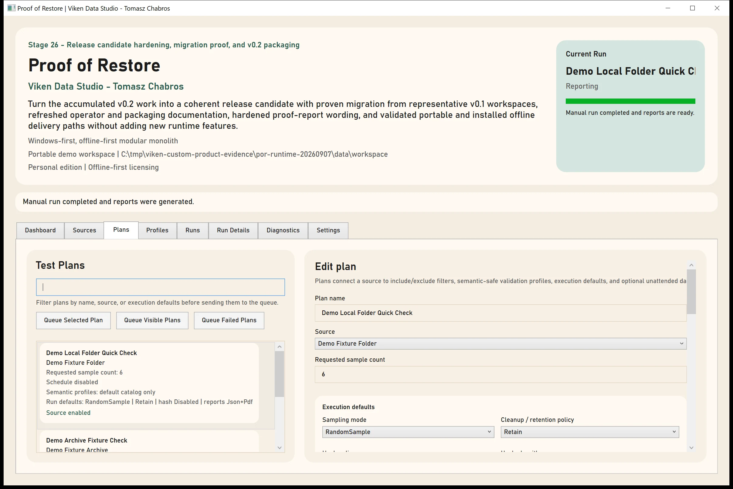 Proof of Restore Plans screen with repeatable sampling and validation settings