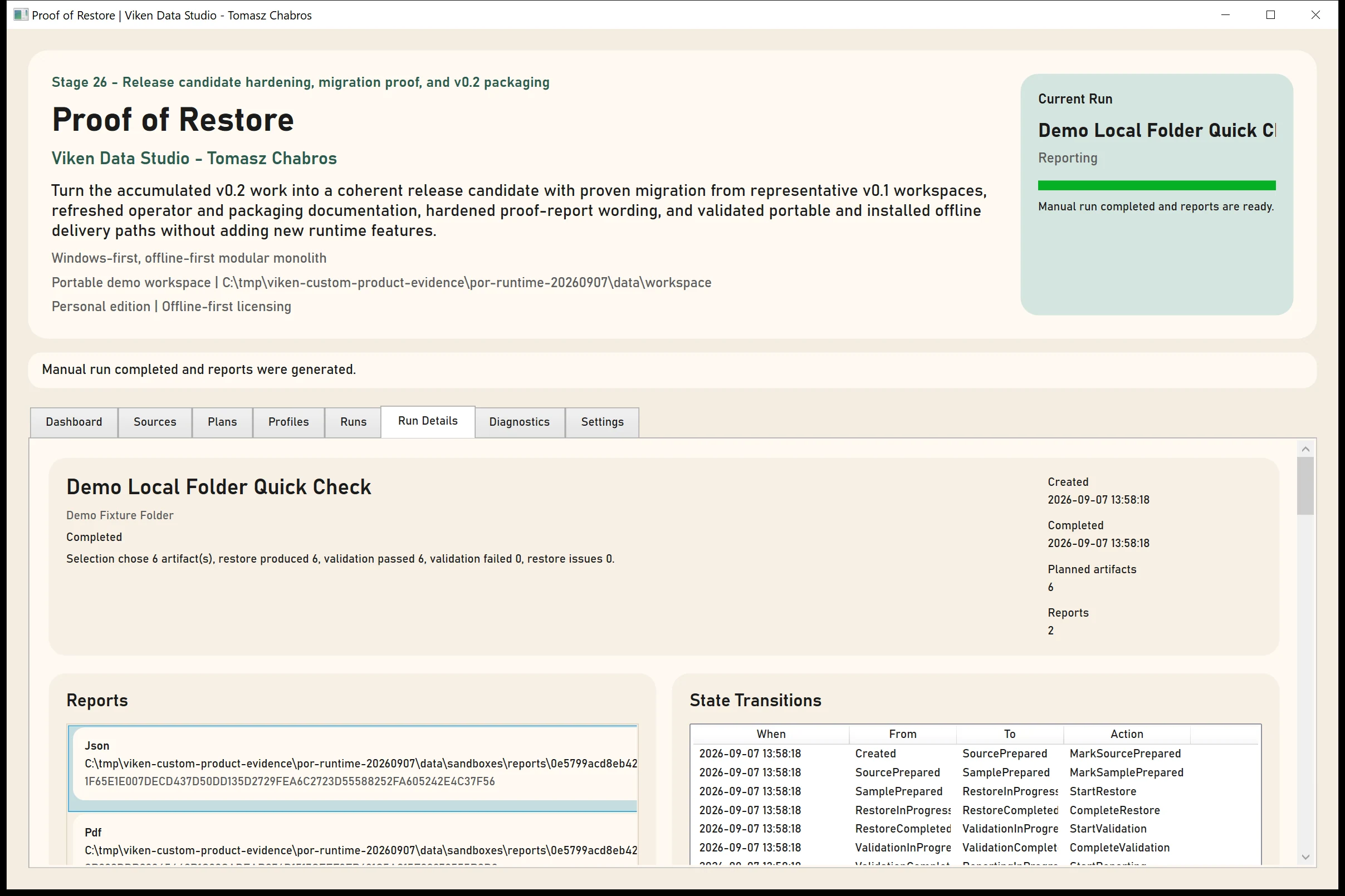 Proof of Restore completed run details with reports, artifacts and state transitions