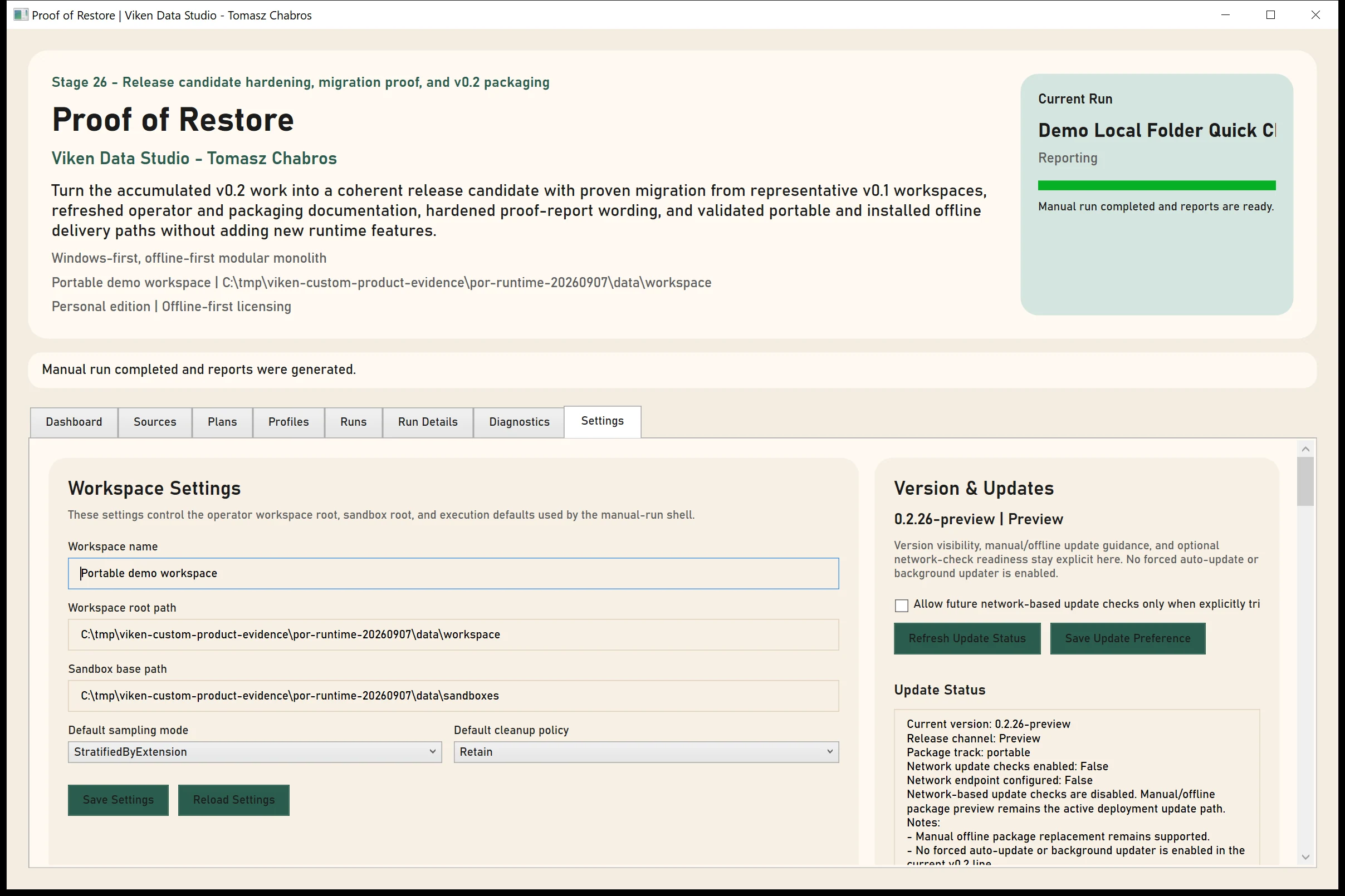 Proof of Restore Settings screen for its local offline-first workspace