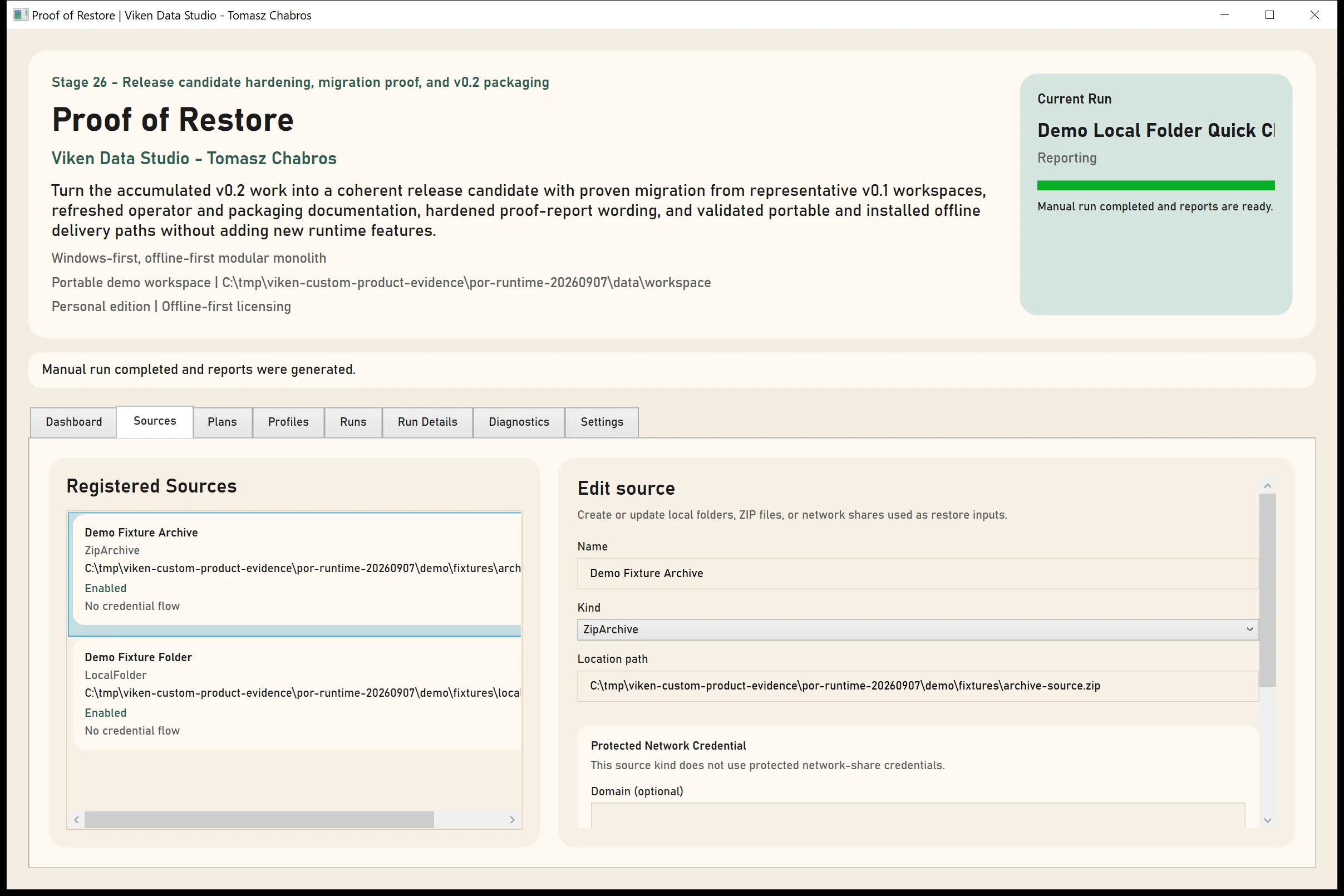 Proof of Restore Sources screen with configured local backup evidence sources