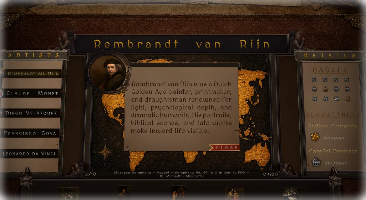 Retro Puzzles artist biography panel for Rembrandt van Rijn with region map and details