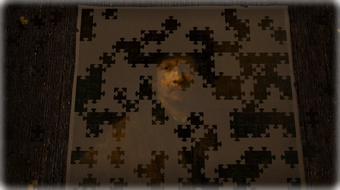 Close Retro Puzzles board view with large missing areas in a classic painting puzzle