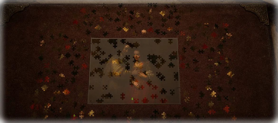 Retro Puzzles gameplay table with scattered pieces around a partially solved classic painting