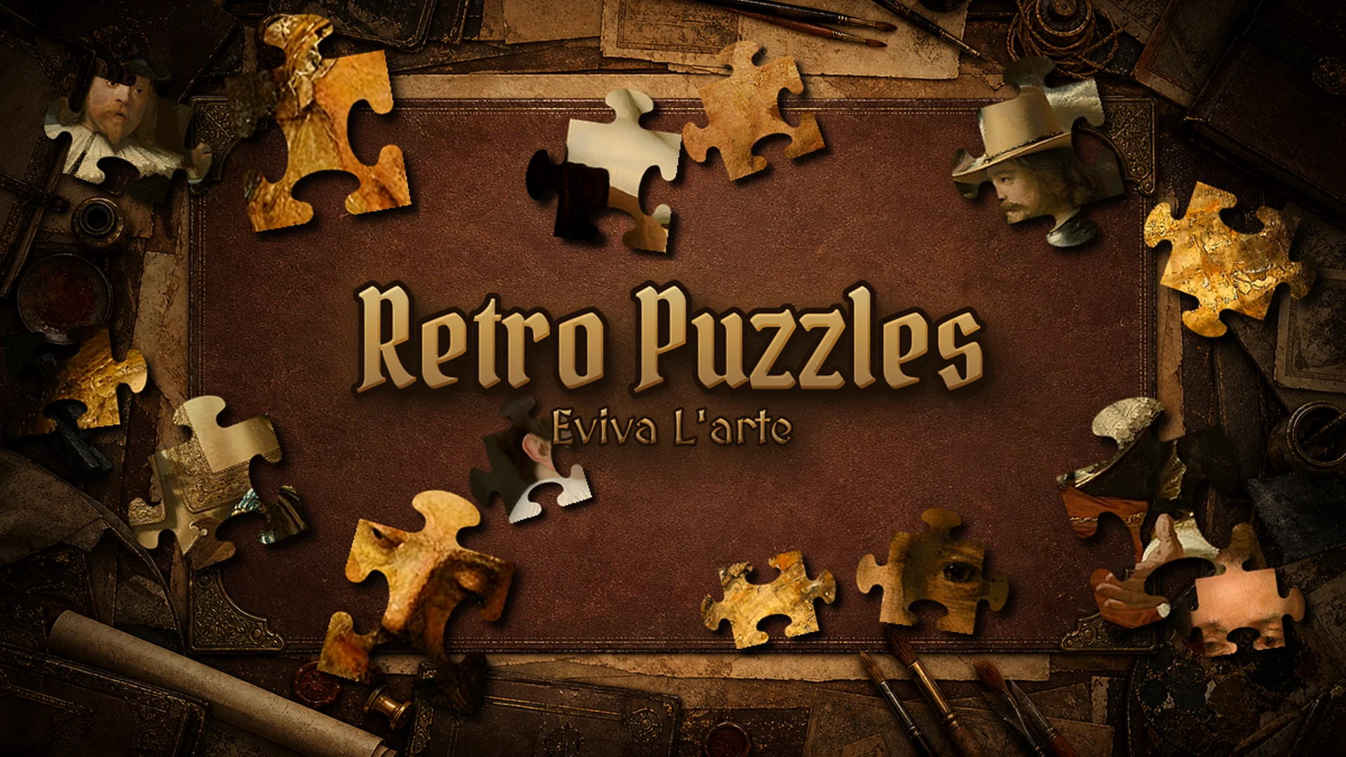 Retro Puzzles key art with the game logo surrounded by classical painting puzzle pieces