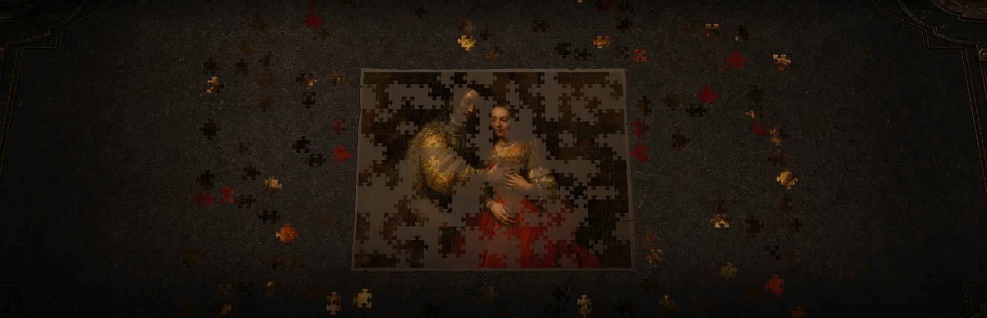 Retro Puzzles library hero showing a painting puzzle in progress on a dark table