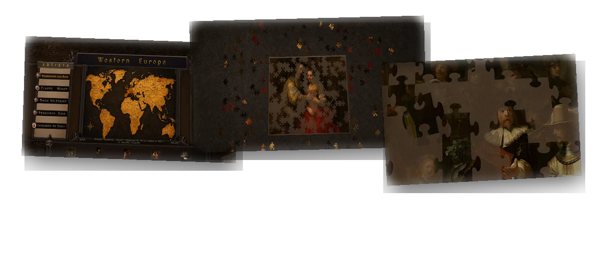 Retro Puzzles montage showing world map, puzzle table and close-up painting pieces
