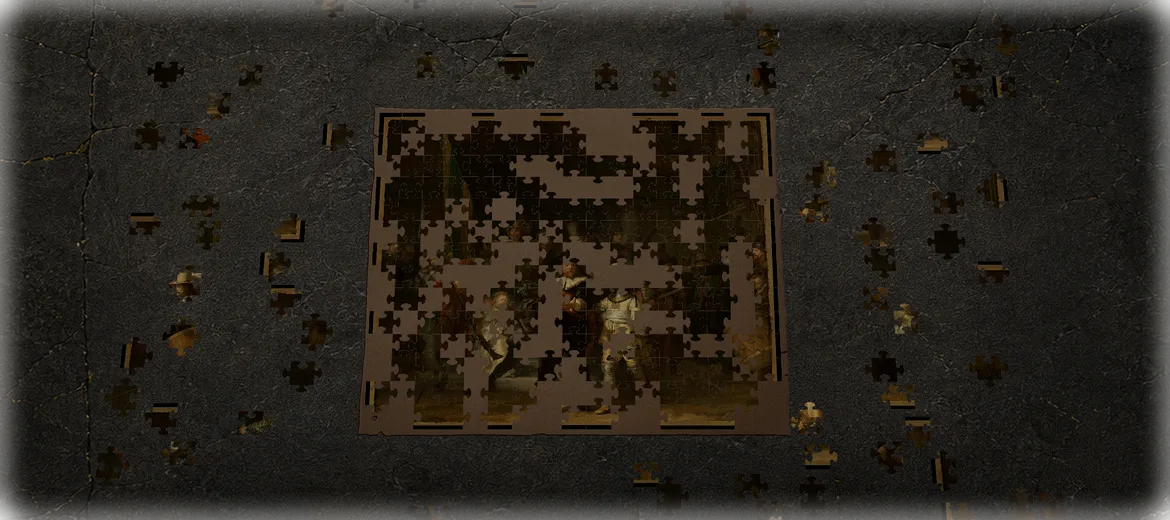 Retro Puzzles stone table board with an in-progress artwork puzzle and loose pieces