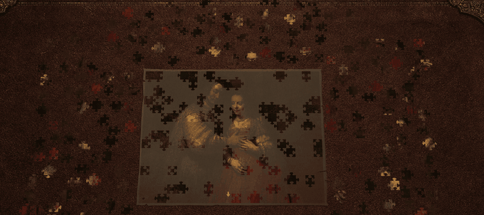 Animated Retro Puzzles table overview loop showing the in-progress board and scattered pieces