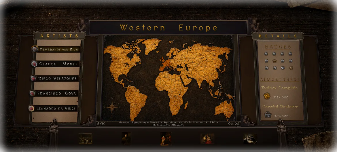 Retro Puzzles world region menu with artist list, badges and unlock details