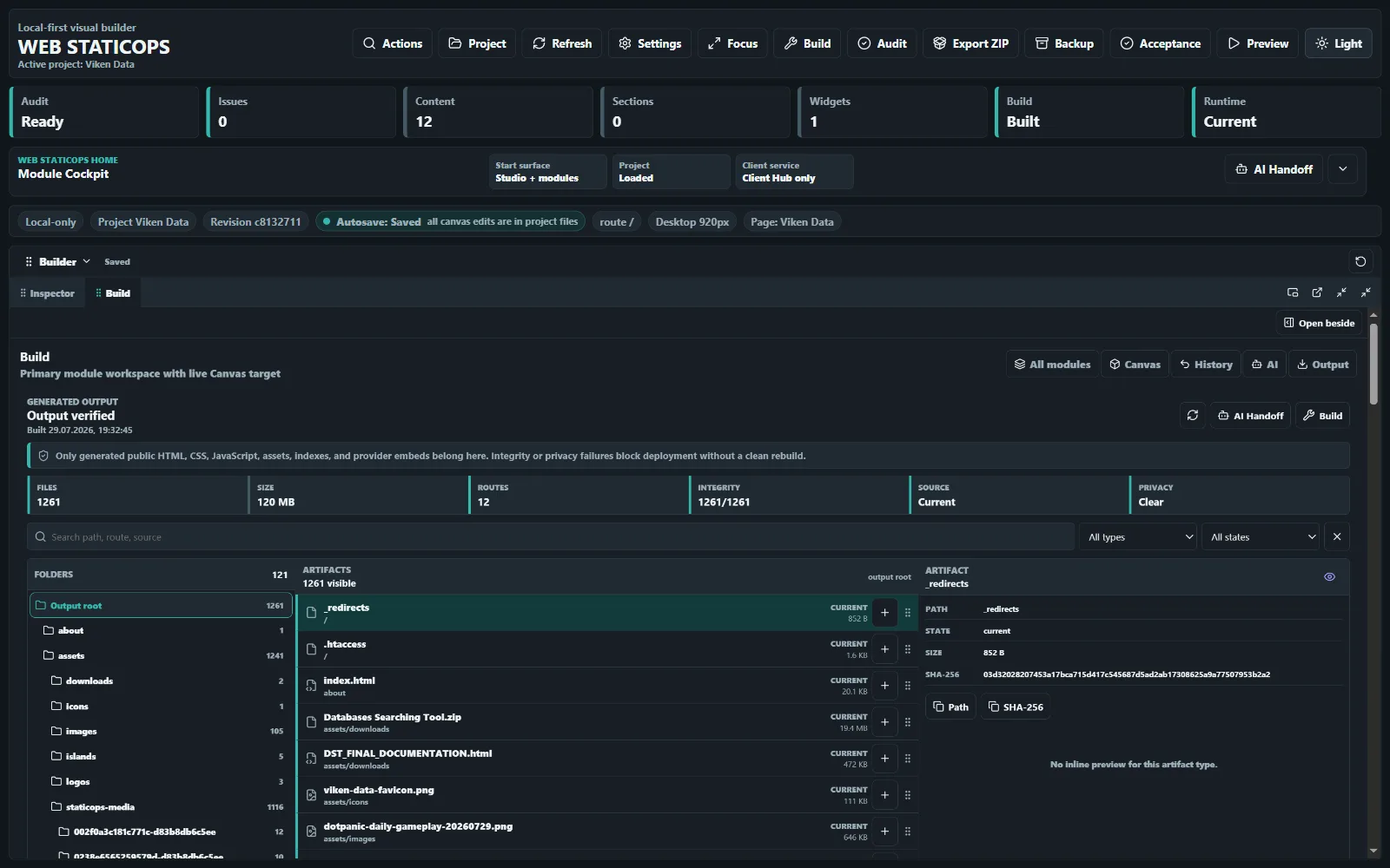 Web StaticOps Studio build output explorer with integrity and privacy evidence
