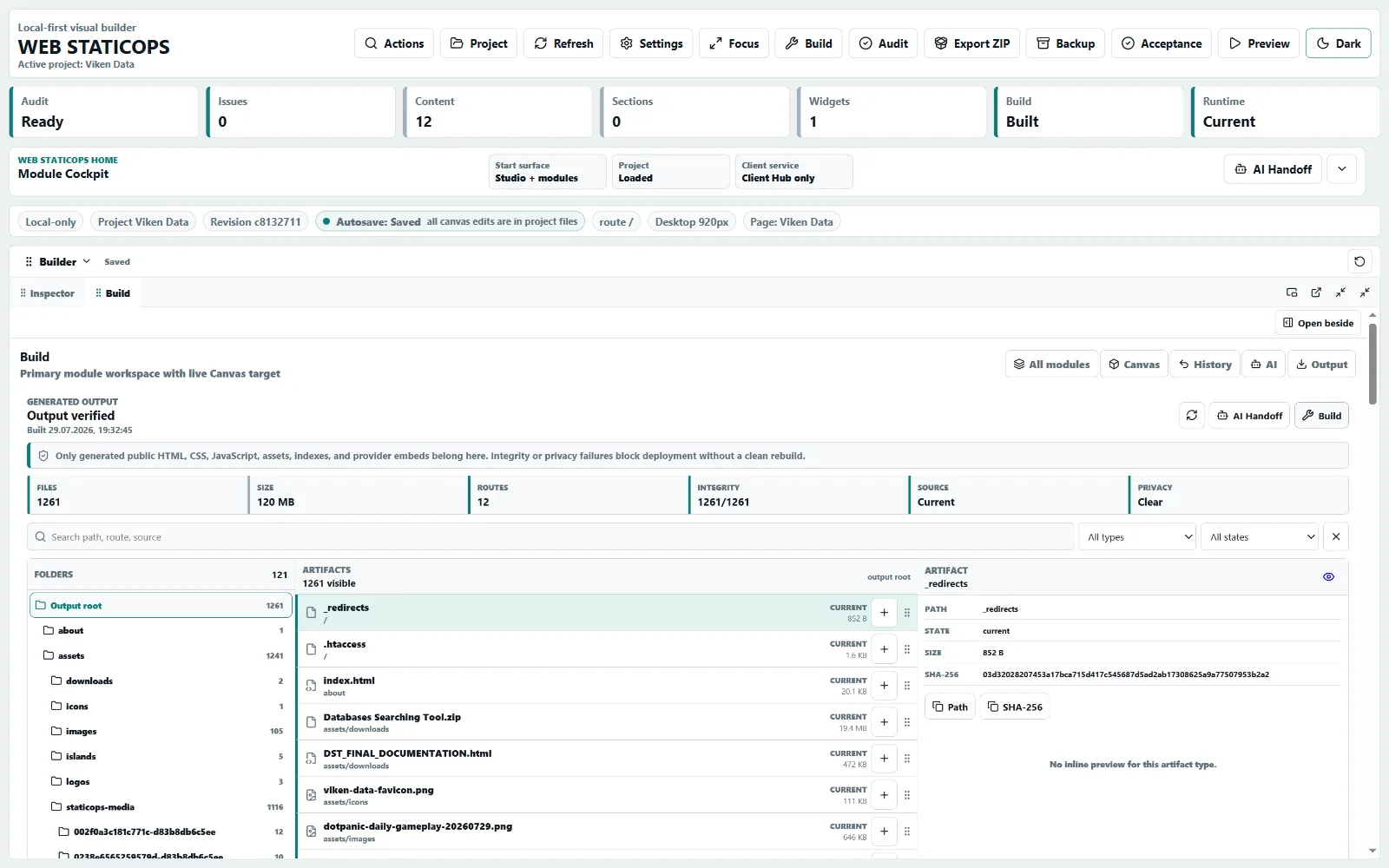 Web StaticOps Studio build output explorer with integrity and privacy evidence
