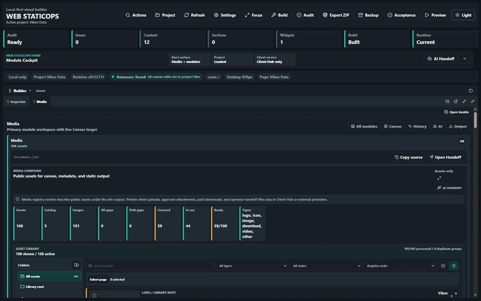 Web StaticOps Studio media library with asset status, filters and responsive processing evidence