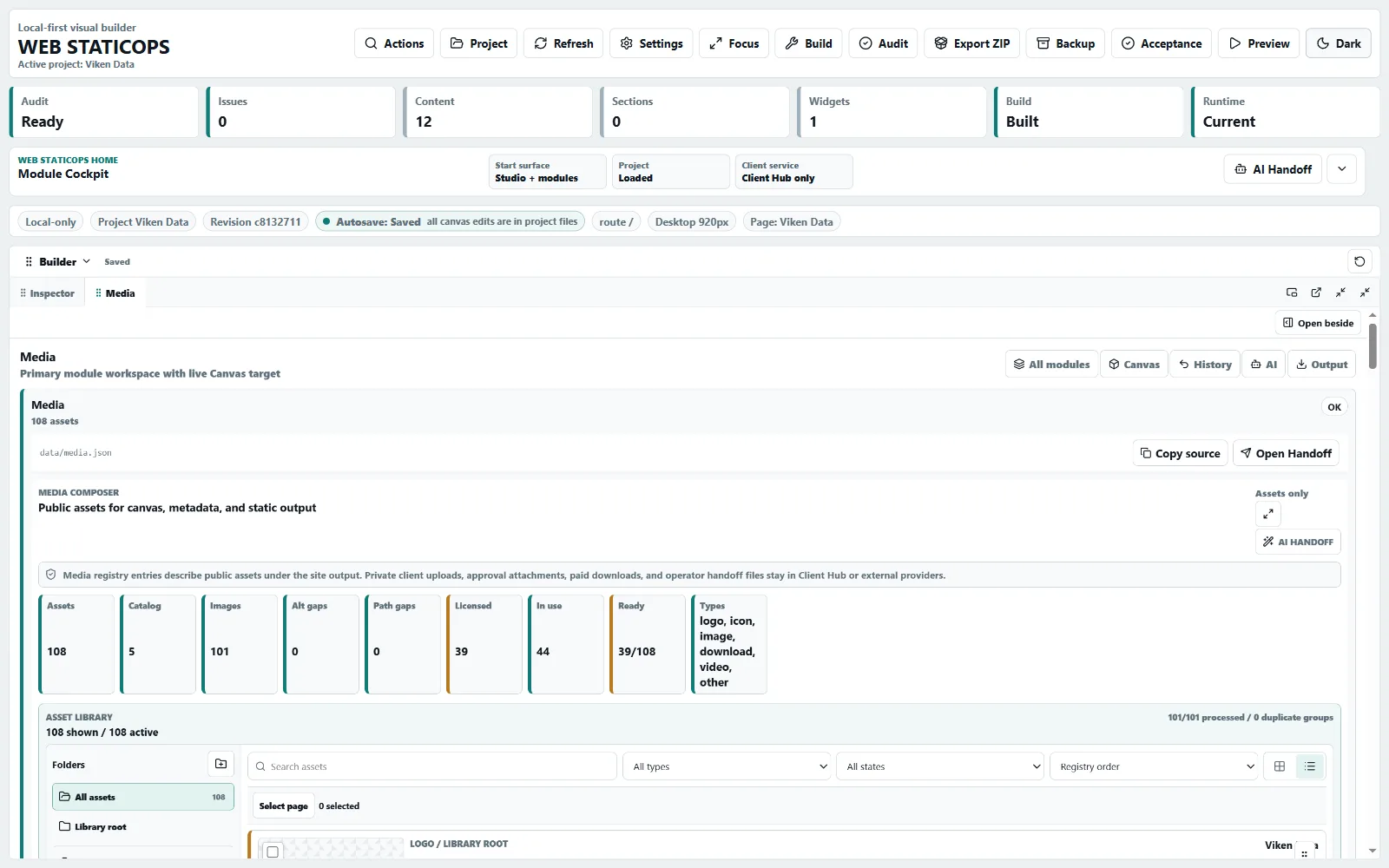 Web StaticOps Studio media library with asset status, filters and responsive processing evidence