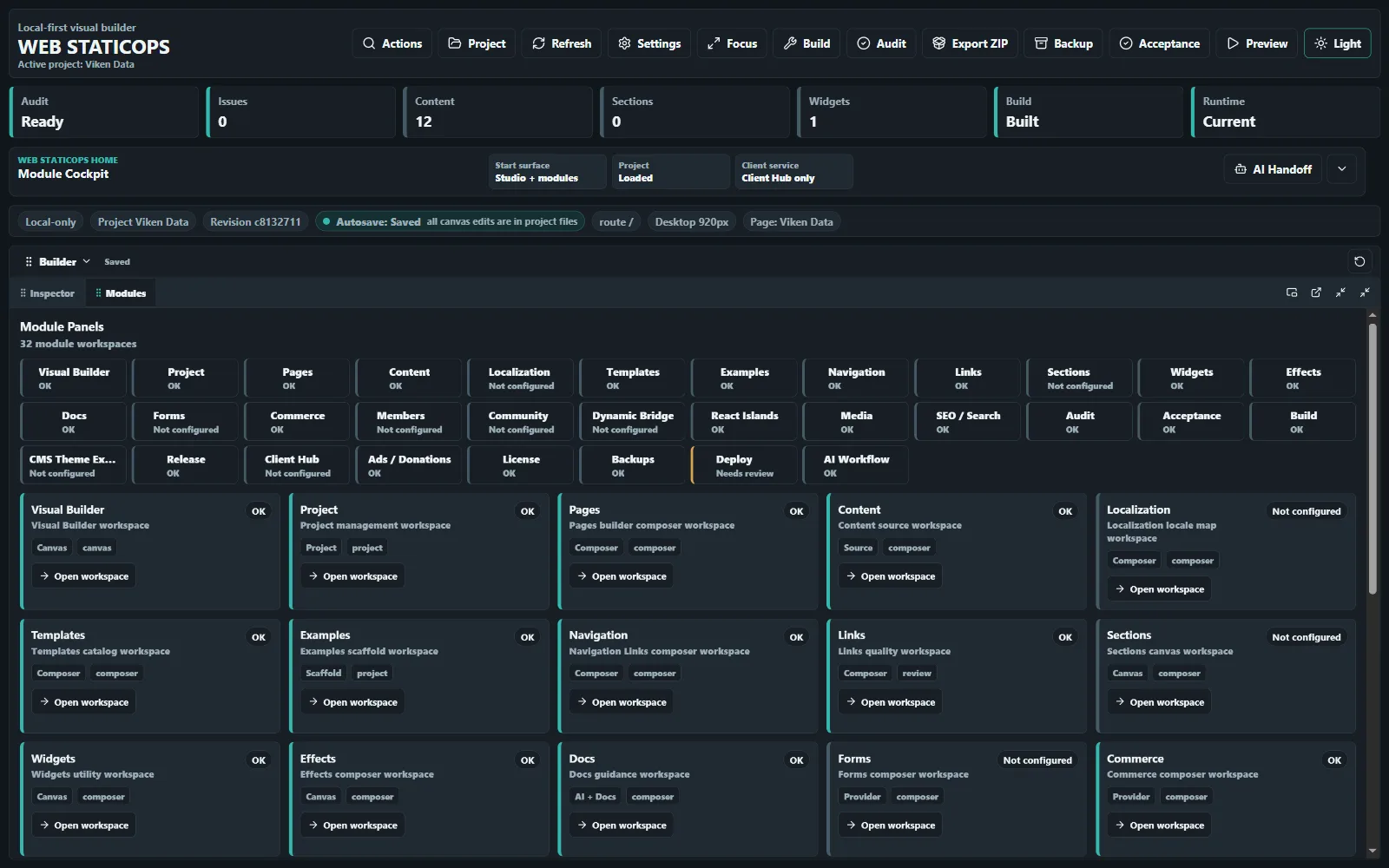 Web StaticOps Studio module inventory with 32 specialist workspaces