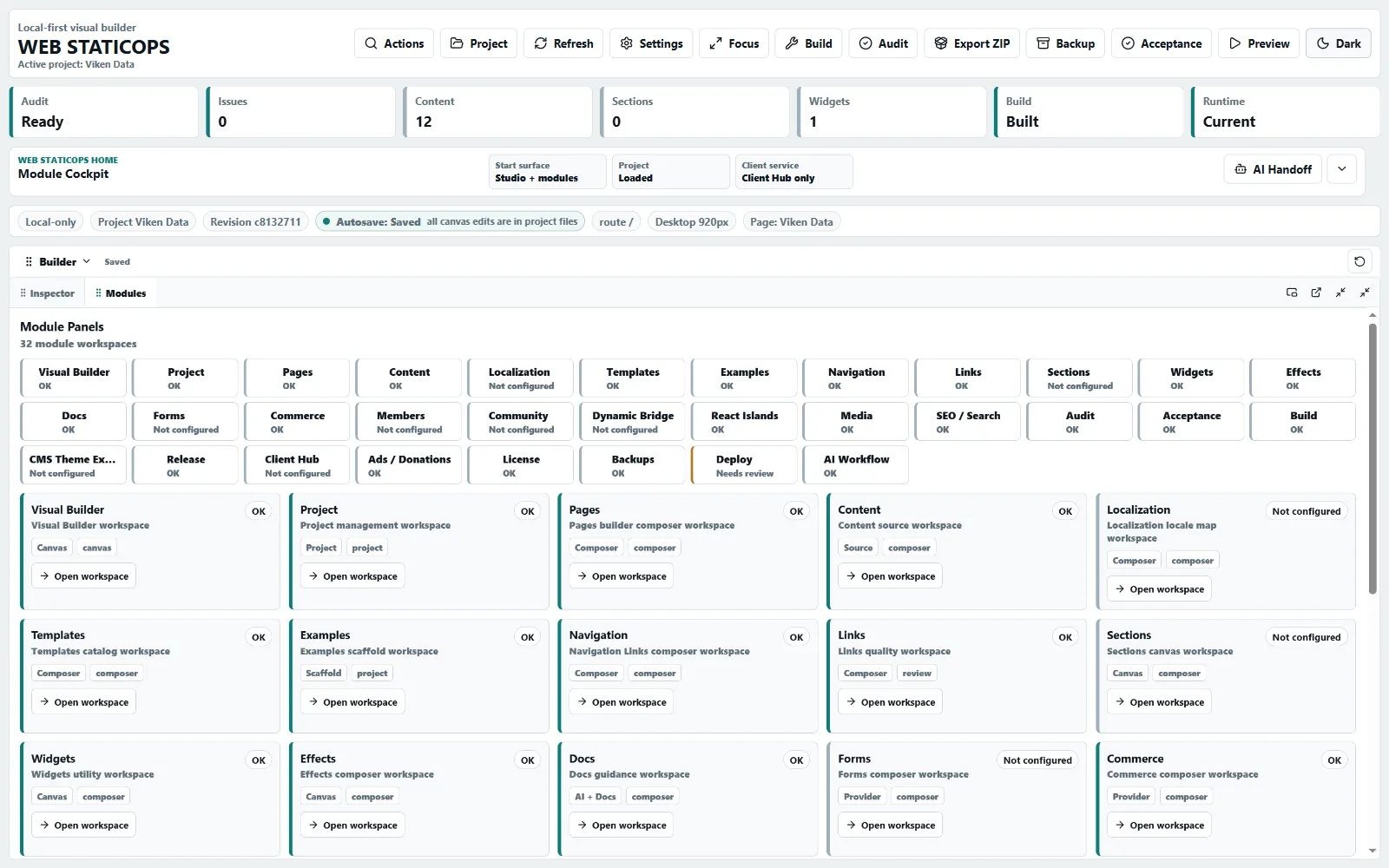Web StaticOps Studio module inventory with 32 specialist workspaces