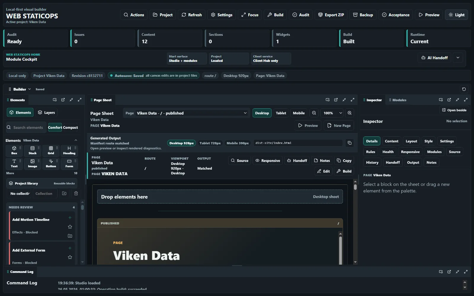Current Web StaticOps Studio overview in dark mode