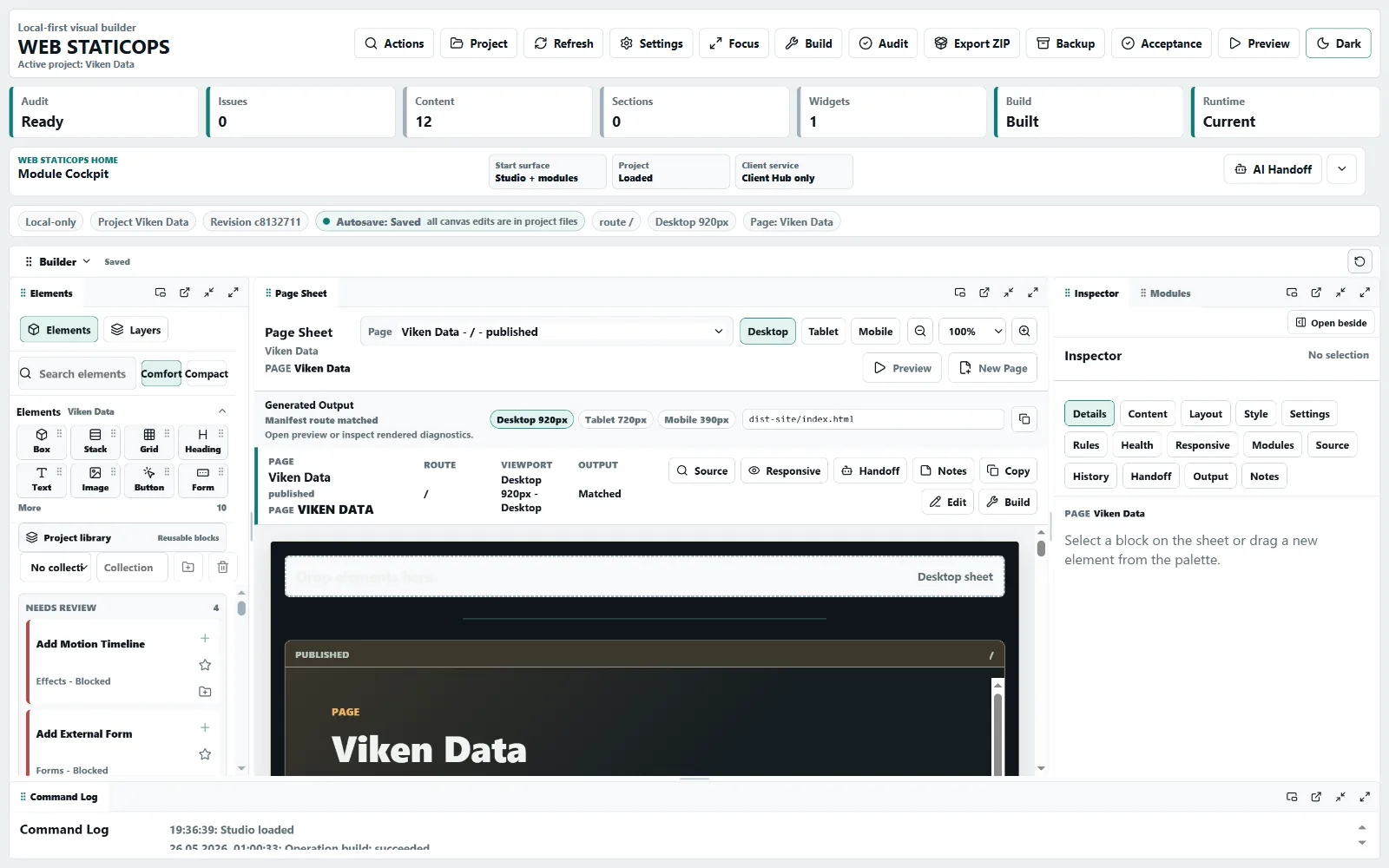 Current Web StaticOps Studio overview in light mode