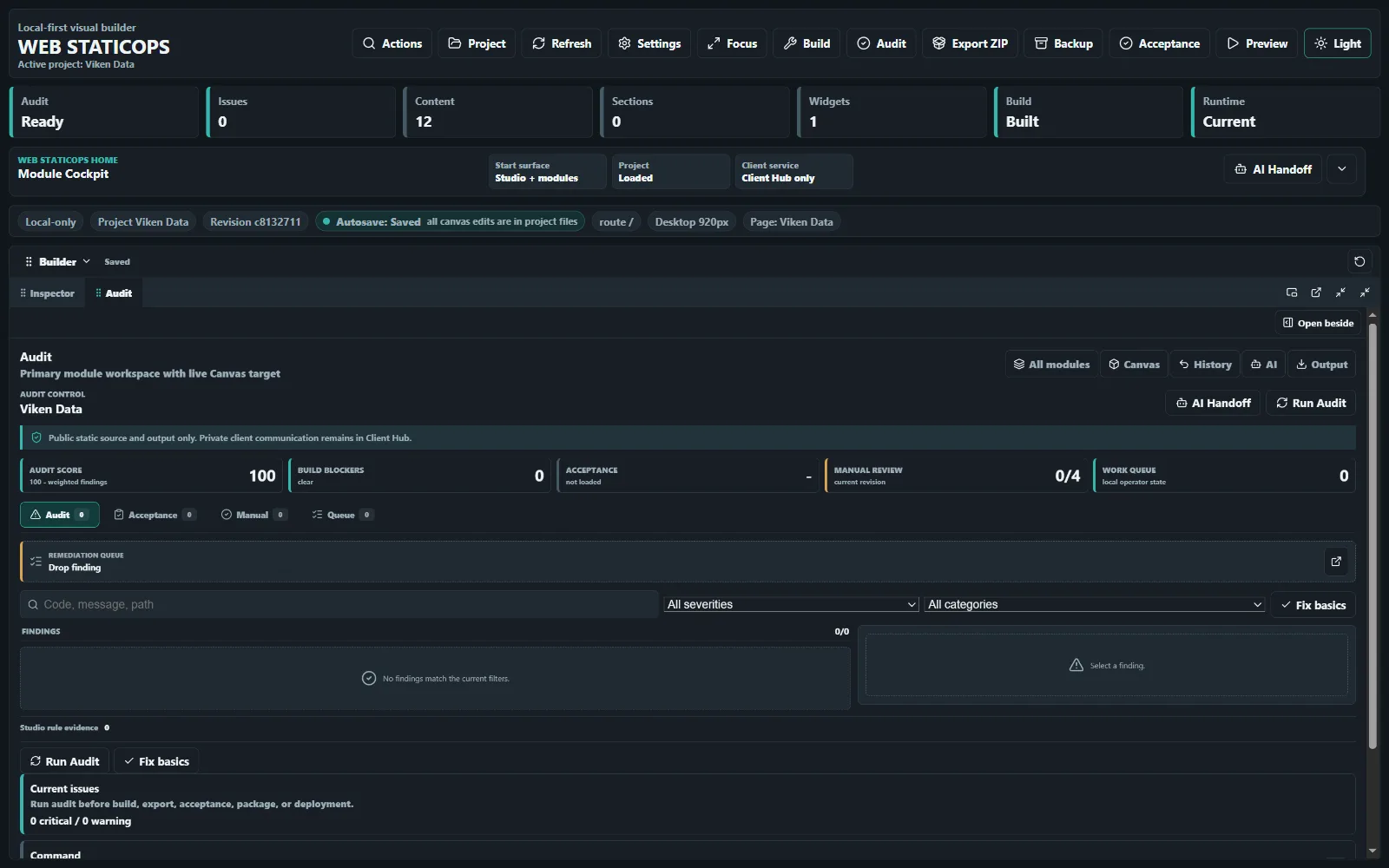 Web StaticOps Studio quality workspace with audit and release evidence