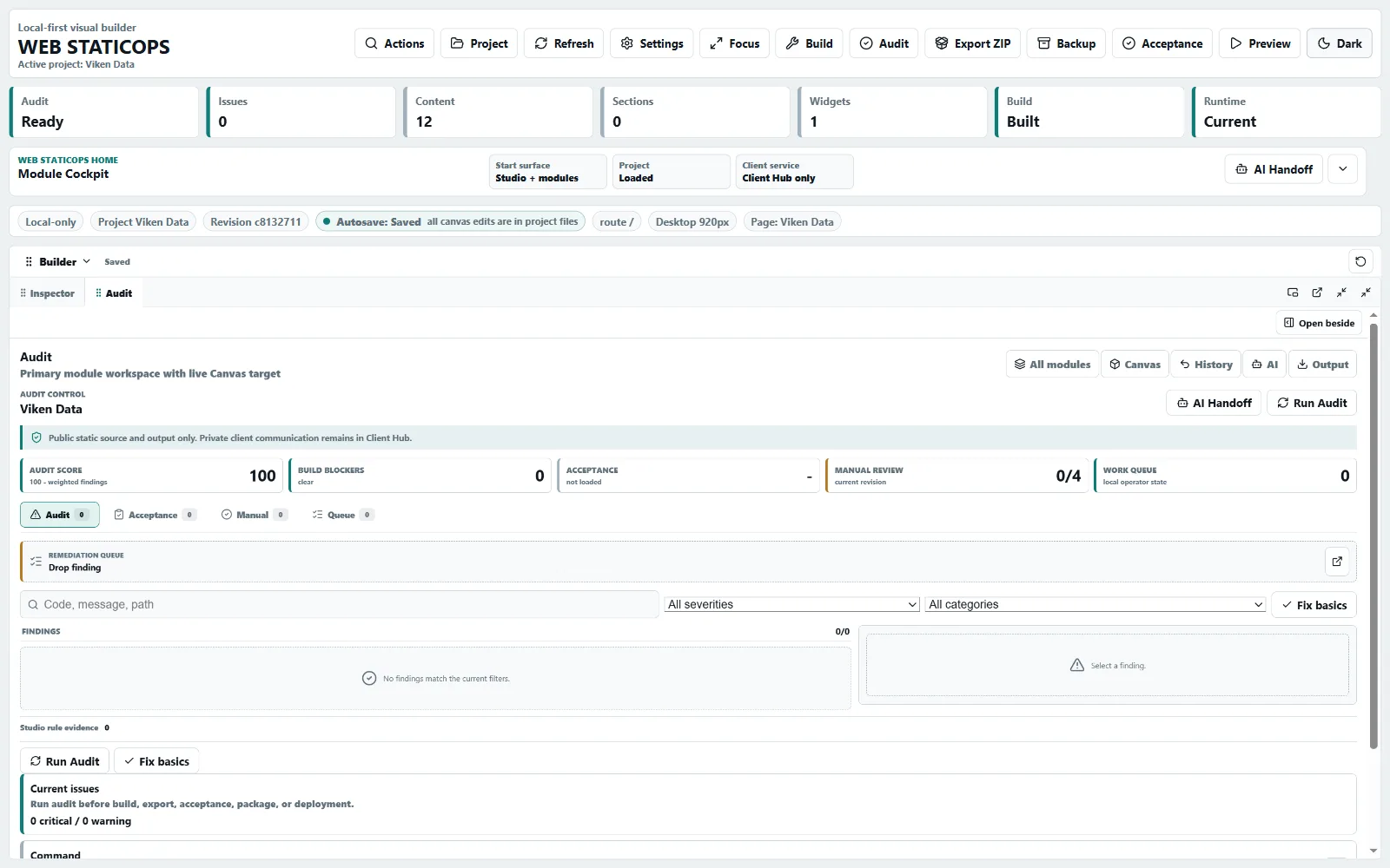 Web StaticOps Studio quality workspace with audit and release evidence