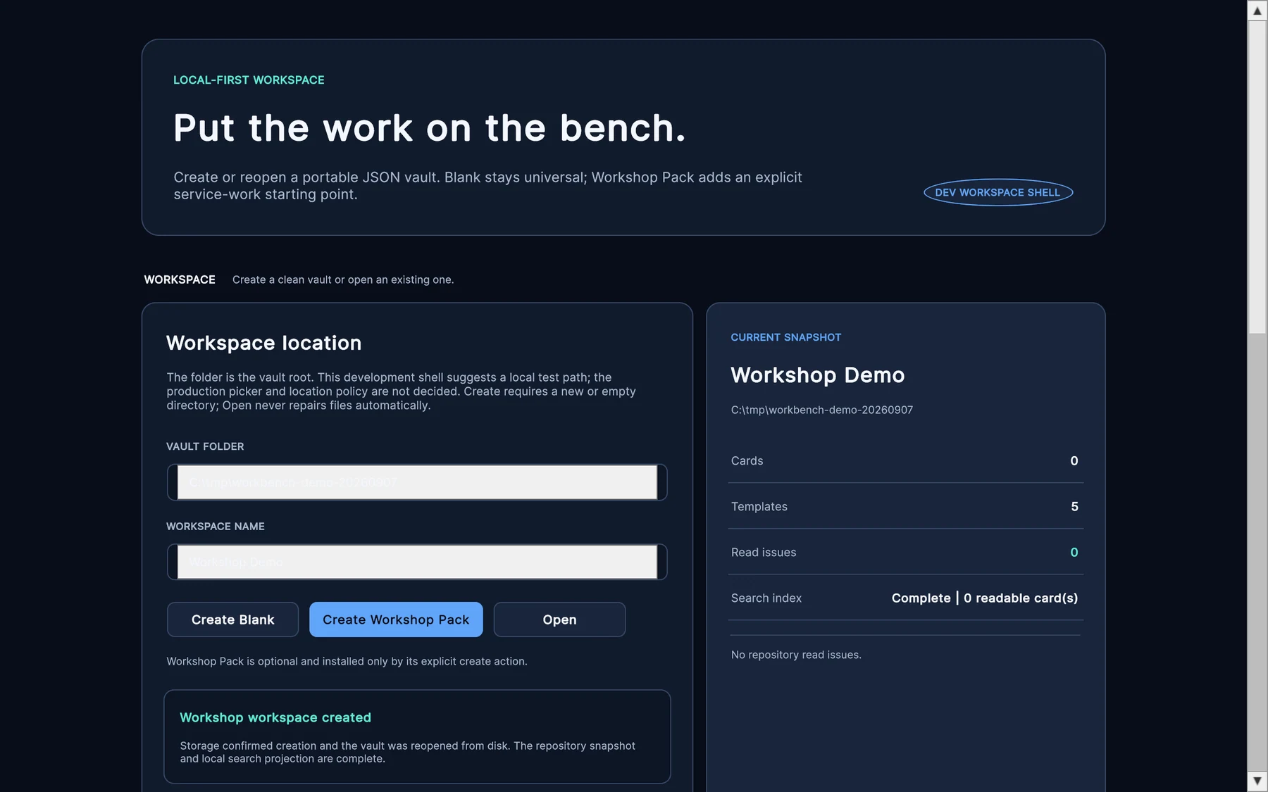Workbench Vault development shell showing a created Workshop workspace with local templates and index status